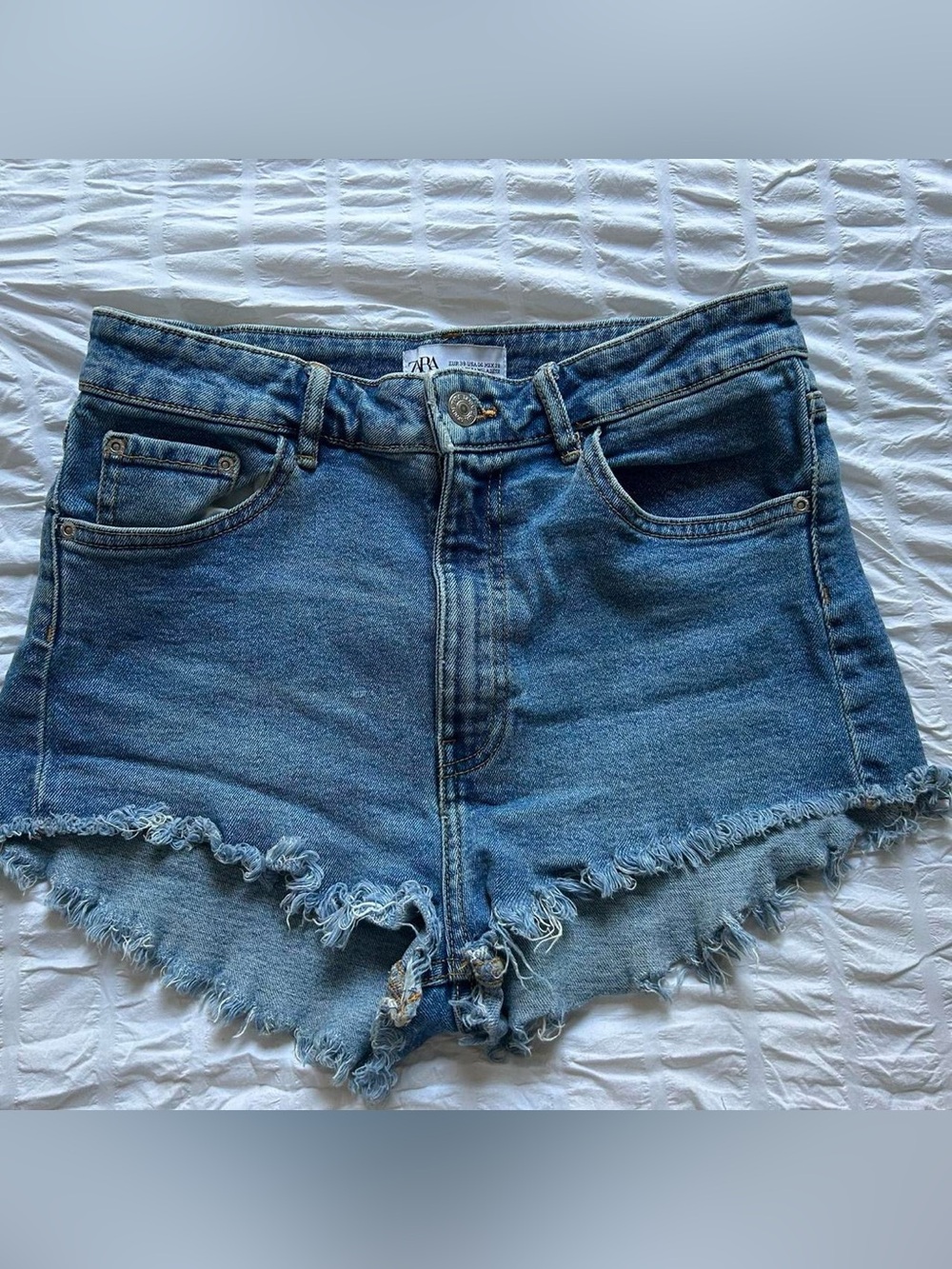 Zara Medium Blue High-Rise Distressed Denim Shorts